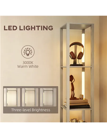 HOMCOM Floor Lamp with Shelves, LED Column Modern Standing Lamp with Fabric Drawer, Adjustable Brightness, Foot Switch for Livin