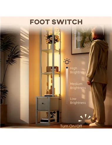 HOMCOM Floor Lamp with Shelves, LED Column Modern Standing Lamp with Fabric Drawer, Adjustable Brightness, Foot Switch for Livin