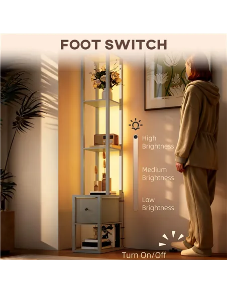 HOMCOM Floor Lamp with Shelves, LED Column Modern Standing Lamp with Fabric Drawer, Adjustable Brightness, Foot Switch for Livin
