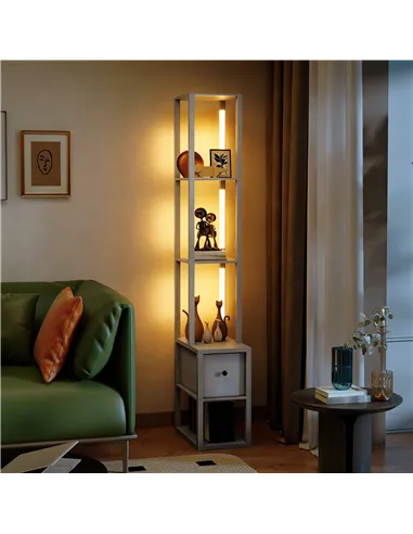 HOMCOM Floor Lamp with Shelves, LED Column Modern Standing Lamp with Fabric Drawer, Adjustable Brightness, Foot Switch for Livin