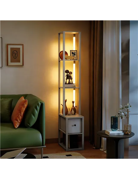 HOMCOM Floor Lamp with Shelves, LED Column Modern Standing Lamp with Fabric Drawer, Adjustable Brightness, Foot Switch for Livin