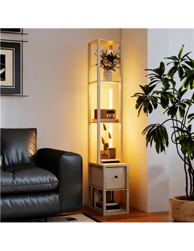 HOMCOM Floor Lamp with Shelves, LED Column Modern Standing Lamp with Fabric Drawer, Adjustable Brightness, Foot Switch for Livin