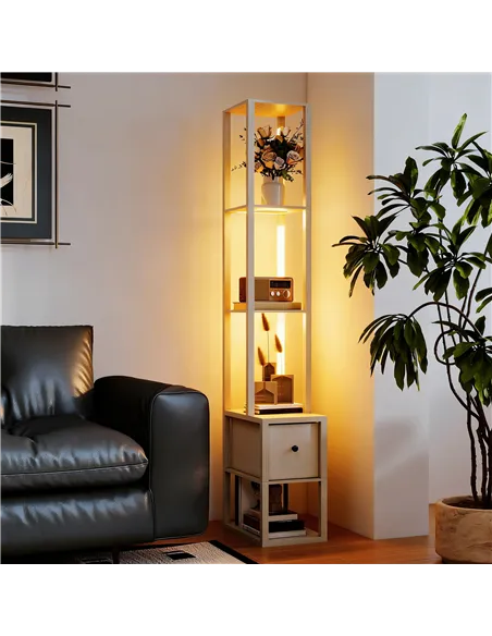 HOMCOM Floor Lamp with Shelves, LED Column Modern Standing Lamp with Fabric Drawer, Adjustable Brightness, Foot Switch for Livin