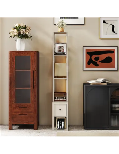 HOMCOM Floor Lamp with Shelves, LED Column Modern Standing Lamp with Fabric Drawer, Adjustable Brightness, Foot Switch for Livin