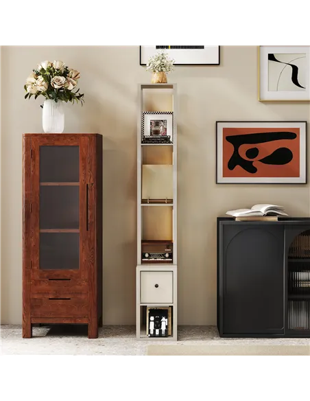 HOMCOM Floor Lamp with Shelves, LED Column Modern Standing Lamp with Fabric Drawer, Adjustable Brightness, Foot Switch for Livin