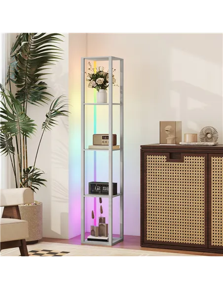 HOMCOM RGB LED Floor Lamp with Shelves, Modern Dimmable Standing Lamp with Remote Control, Adjustable Brightness & Speed for Liv