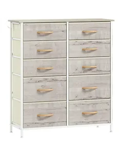 HOMCOM Chest of Ten Fabric Drawers - Natural Wood Finish