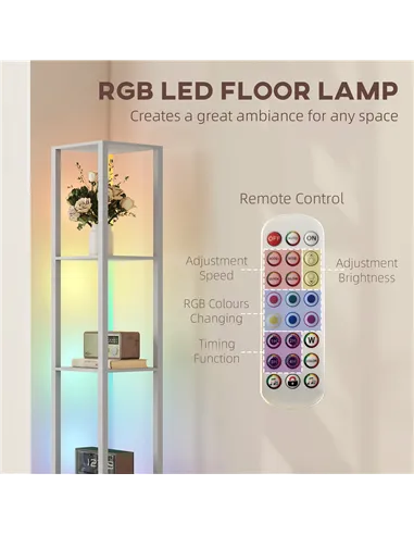 HOMCOM RGB LED Floor Lamp with Shelves, Modern Dimmable Standing Lamp with Remote Control, Adjustable Brightness & Speed for Liv