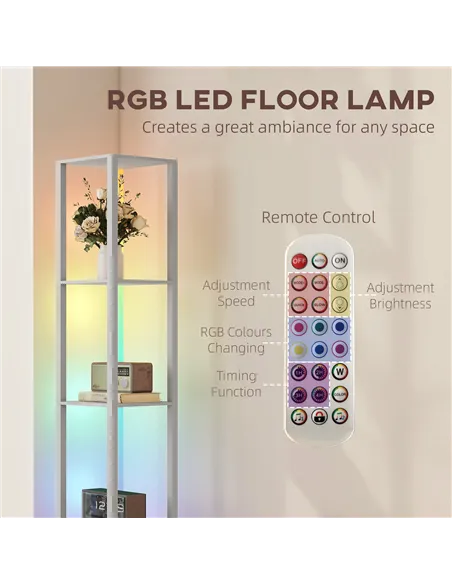 HOMCOM RGB LED Floor Lamp with Shelves, Modern Dimmable Standing Lamp with Remote Control, Adjustable Brightness & Speed for Liv