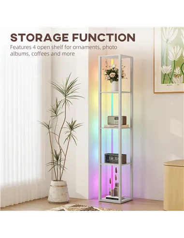 HOMCOM RGB LED Floor Lamp with Shelves, Modern Dimmable Standing Lamp with Remote Control, Adjustable Brightness & Speed for Liv