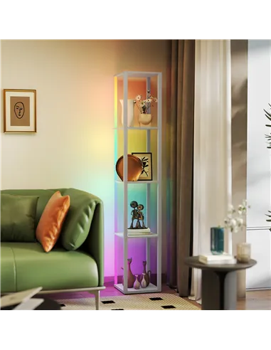 HOMCOM RGB LED Floor Lamp with Shelves, Modern Dimmable Standing Lamp with Remote Control, Adjustable Brightness & Speed for Liv