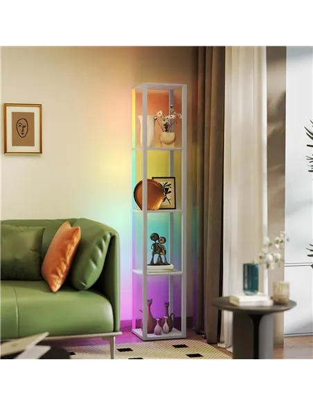 HOMCOM RGB LED Floor Lamp with Shelves, Modern Dimmable Standing Lamp with Remote Control, Adjustable Brightness & Speed for Liv