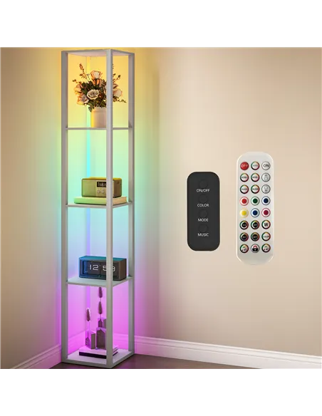 HOMCOM RGB LED Floor Lamp with Shelves, Modern Dimmable Standing Lamp with Remote Control, Adjustable Brightness & Speed for Liv