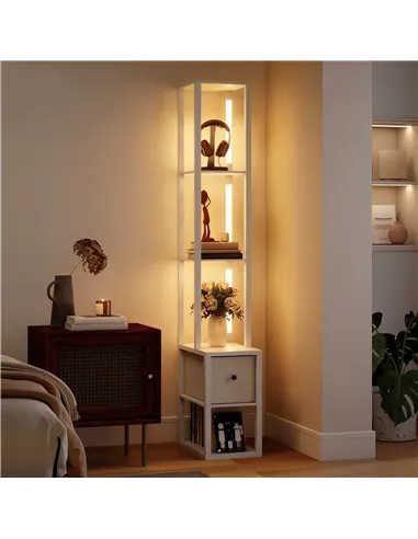 HOMCOM Floor Lamp with Shelves, LED Column Modern Standing Lamp with Fabric Drawer, Adjustable Brightness, Foot Switch for Livin