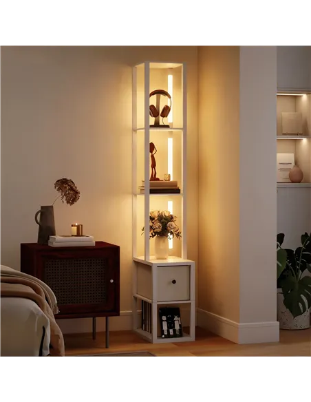 HOMCOM Floor Lamp with Shelves, LED Column Modern Standing Lamp with Fabric Drawer, Adjustable Brightness, Foot Switch for Livin