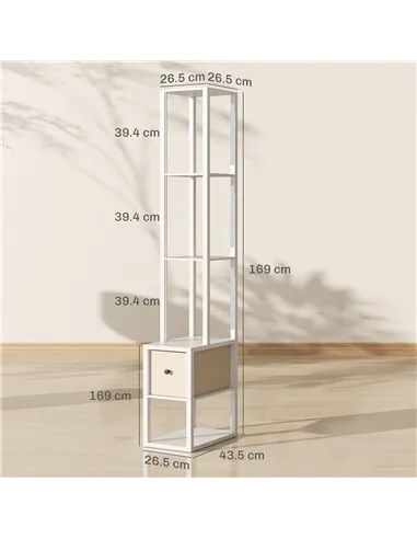 HOMCOM Floor Lamp with Shelves, LED Column Modern Standing Lamp with Fabric Drawer, Adjustable Brightness, Foot Switch for Livin