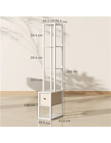 HOMCOM Floor Lamp with Shelves, LED Column Modern Standing Lamp with Fabric Drawer, Adjustable Brightness, Foot Switch for Livin