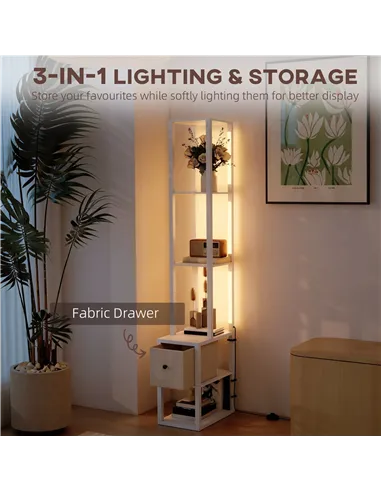 HOMCOM Floor Lamp with Shelves, LED Column Modern Standing Lamp with Fabric Drawer, Adjustable Brightness, Foot Switch for Livin