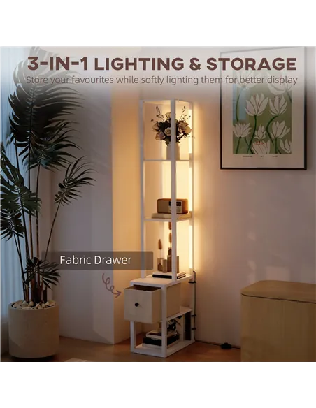 HOMCOM Floor Lamp with Shelves, LED Column Modern Standing Lamp with Fabric Drawer, Adjustable Brightness, Foot Switch for Livin
