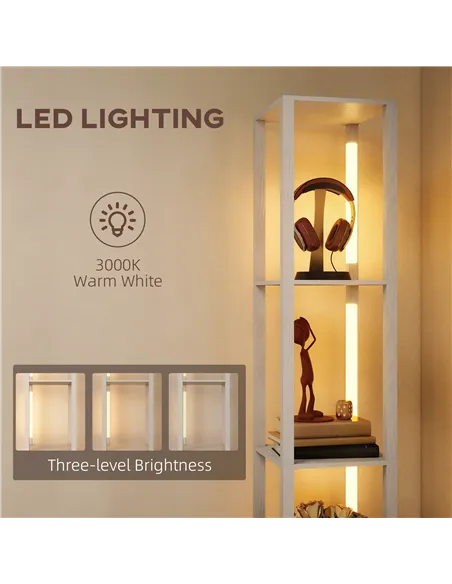 HOMCOM Floor Lamp with Shelves, LED Column Modern Standing Lamp with Fabric Drawer, Adjustable Brightness, Foot Switch for Livin