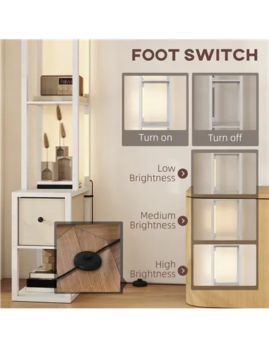 HOMCOM Floor Lamp with Shelves, LED Column Modern Standing Lamp with Fabric Drawer, Adjustable Brightness, Foot Switch for Livin