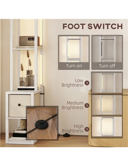 HOMCOM Floor Lamp with Shelves, LED Column Modern Standing Lamp with Fabric Drawer, Adjustable Brightness, Foot Switch for Livin