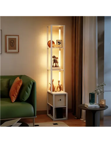 HOMCOM Floor Lamp with Shelves, LED Column Modern Standing Lamp with Fabric Drawer, Adjustable Brightness, Foot Switch for Livin