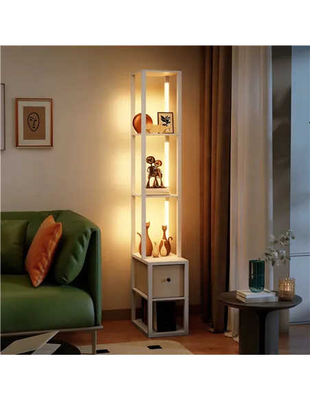 HOMCOM Floor Lamp with Shelves, LED Column Modern Standing Lamp with Fabric Drawer, Adjustable Brightness, Foot Switch for Livin