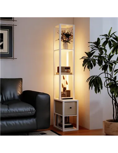 HOMCOM Floor Lamp with Shelves, LED Column Modern Standing Lamp with Fabric Drawer, Adjustable Brightness, Foot Switch for Livin