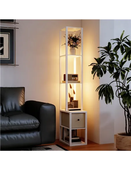 HOMCOM Floor Lamp with Shelves, LED Column Modern Standing Lamp with Fabric Drawer, Adjustable Brightness, Foot Switch for Livin