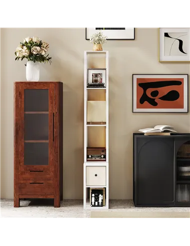 HOMCOM Floor Lamp with Shelves, LED Column Modern Standing Lamp with Fabric Drawer, Adjustable Brightness, Foot Switch for Livin