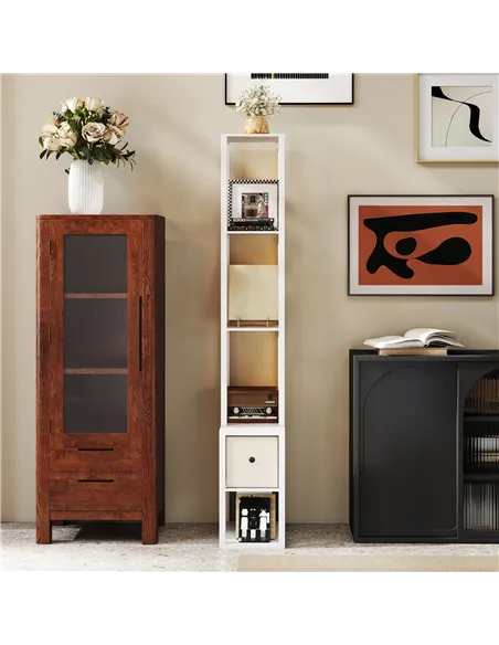 HOMCOM Floor Lamp with Shelves, LED Column Modern Standing Lamp with Fabric Drawer, Adjustable Brightness, Foot Switch for Livin