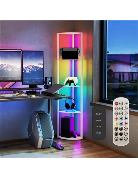 HOMCOM RGB LED Floor Lamp with Shelves, 5-Tier Dimmable Standing Lamp with Adjustable Brightness and Remote Control, Modern Corn