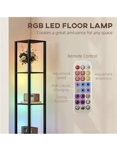 HOMCOM RGB LED Floor Lamp with Shelves, Modern Dimmable Standing Lamp with Remote Control, Adjustable Brightness & Speed for Liv