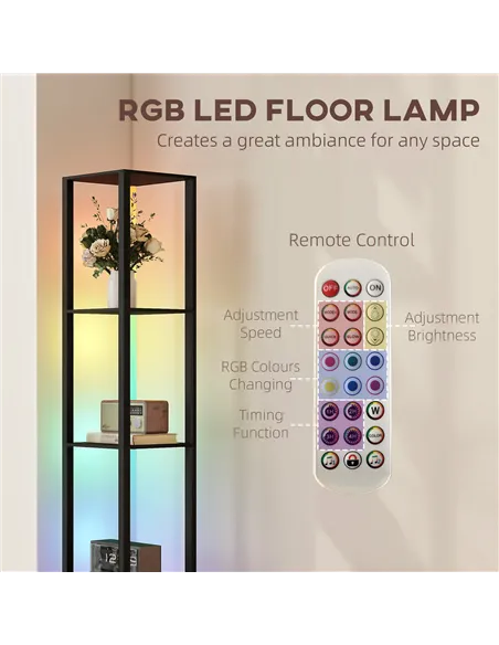 HOMCOM RGB LED Floor Lamp with Shelves, Modern Dimmable Standing Lamp with Remote Control, Adjustable Brightness & Speed for Liv