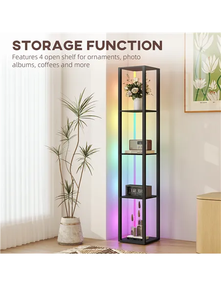 HOMCOM RGB LED Floor Lamp with Shelves, Modern Dimmable Standing Lamp with Remote Control, Adjustable Brightness & Speed for Liv