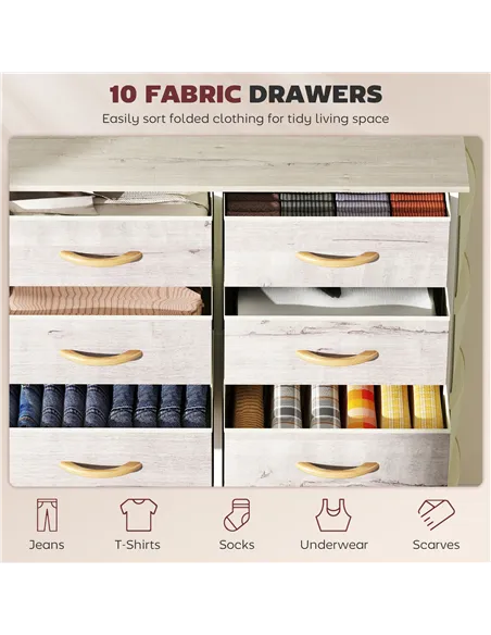 HOMCOM Chest of Ten Fabric Drawers - Natural Wood Finish