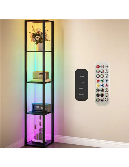 HOMCOM RGB LED Floor Lamp with Shelves, Modern Dimmable Standing Lamp with Remote Control, Adjustable Brightness & Speed for Liv
