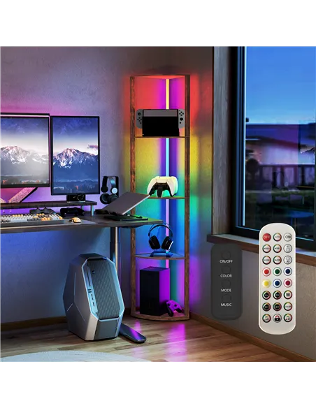 HOMCOM RGB Standing Lamp with Shelves, 4-Tier LED Floor Lamp with Multiple Lighting Modes, Rustic Brown