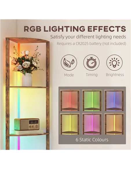 HOMCOM RGB Standing Lamp with Shelves, 4-Tier LED Floor Lamp with Multiple Lighting Modes, Rustic Brown