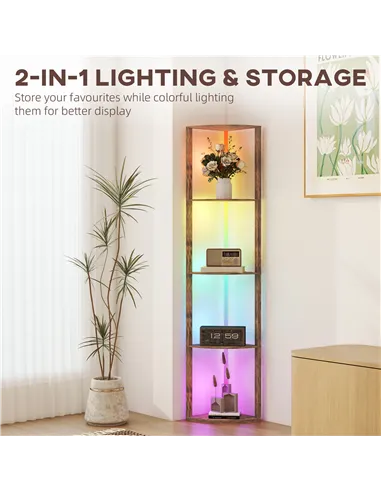 HOMCOM RGB Standing Lamp with Shelves, 4-Tier LED Floor Lamp with Multiple Lighting Modes, Rustic Brown