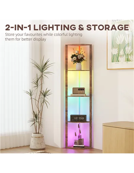 HOMCOM RGB Standing Lamp with Shelves, 4-Tier LED Floor Lamp with Multiple Lighting Modes, Rustic Brown