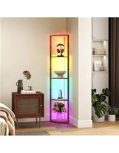 HOMCOM RGB Standing Lamp with Shelves, 4-Tier LED Floor Lamp with Multiple Lighting Modes, Rustic Brown