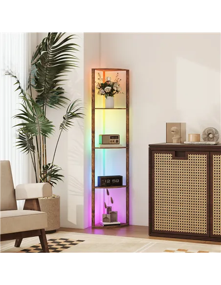 HOMCOM RGB Standing Lamp with Shelves, 4-Tier LED Floor Lamp with Multiple Lighting Modes, Rustic Brown