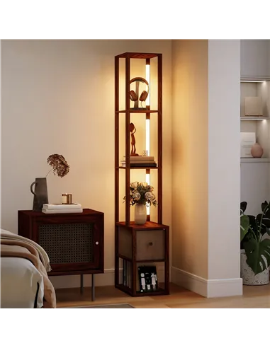 HOMCOM Floor Lamp with Shelves, LED Column Modern Standing Lamp with Fabric Drawer, Adjustable Brightness, Foot Switch for Livin