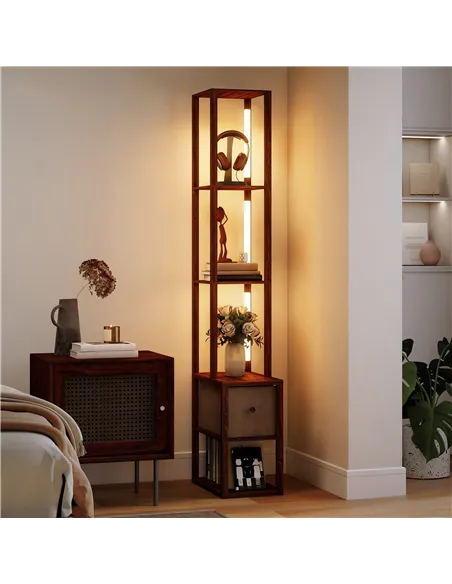 HOMCOM Floor Lamp with Shelves, LED Column Modern Standing Lamp with Fabric Drawer, Adjustable Brightness, Foot Switch for Livin