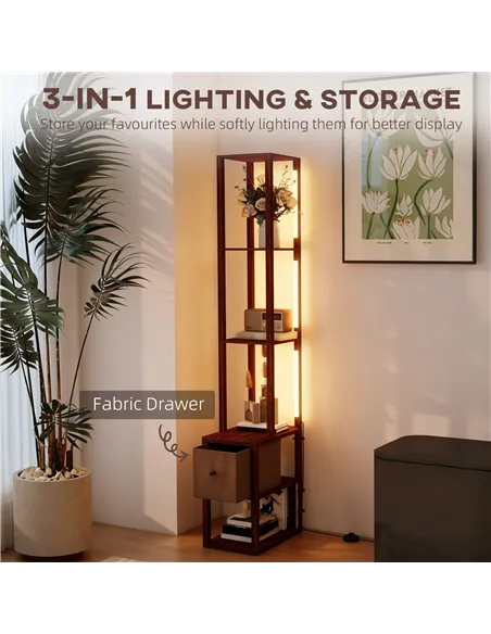HOMCOM Floor Lamp with Shelves, LED Column Modern Standing Lamp with Fabric Drawer, Adjustable Brightness, Foot Switch for Livin