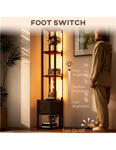 HOMCOM Floor Lamp with Shelves, LED Column Modern Standing Lamp with Fabric Drawer, Adjustable Brightness, Foot Switch for Livin