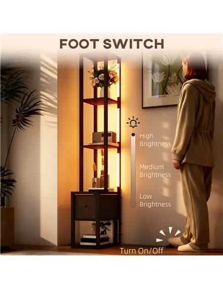 HOMCOM Floor Lamp with Shelves, LED Column Modern Standing Lamp with Fabric Drawer, Adjustable Brightness, Foot Switch for Livin
