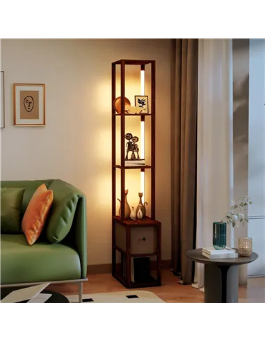 HOMCOM Floor Lamp with Shelves, LED Column Modern Standing Lamp with Fabric Drawer, Adjustable Brightness, Foot Switch for Livin